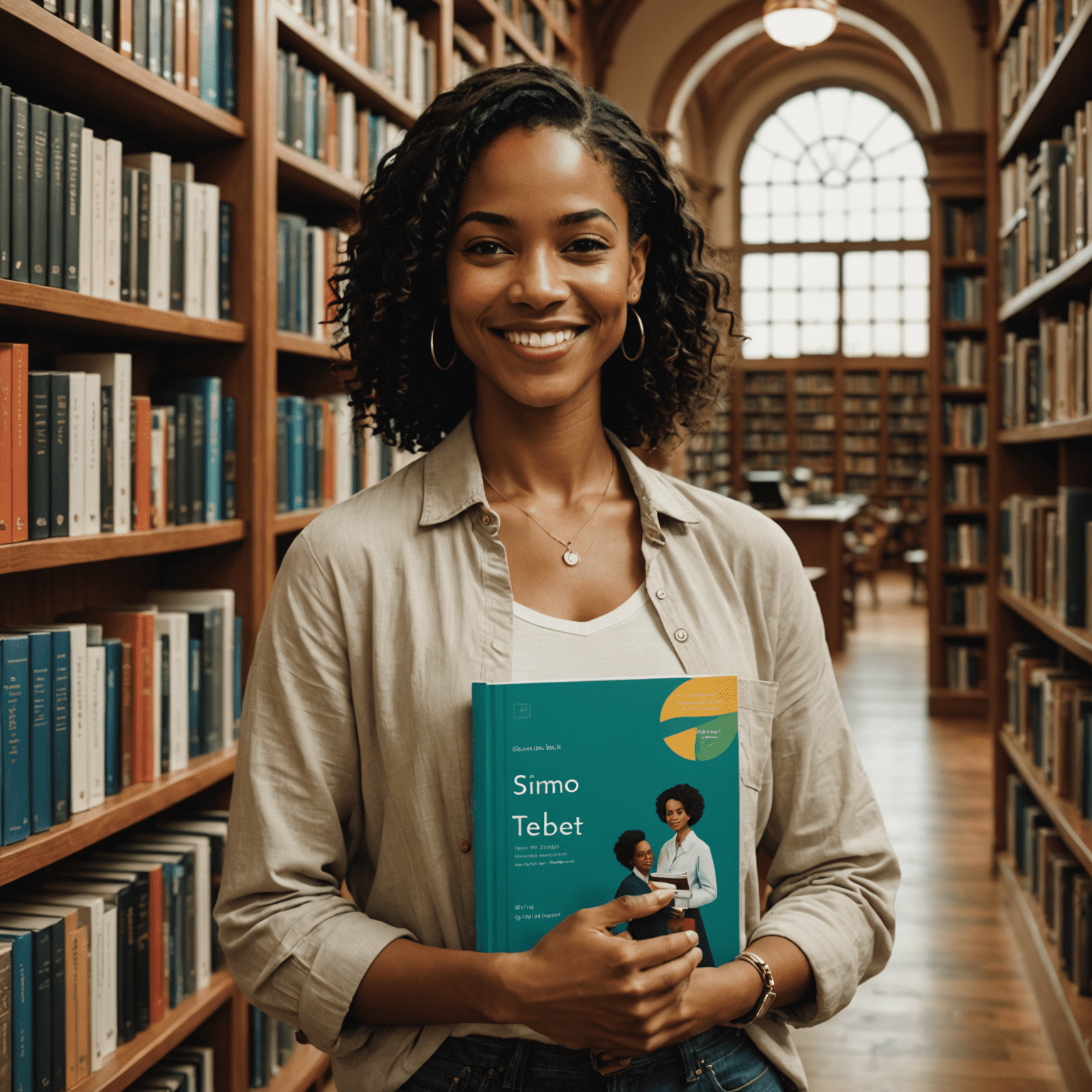 Capa do livro de Simone Tebet, mostrando a autora sorrindo e segurando uma cópia de seu livro contra um fundo de uma biblioteca