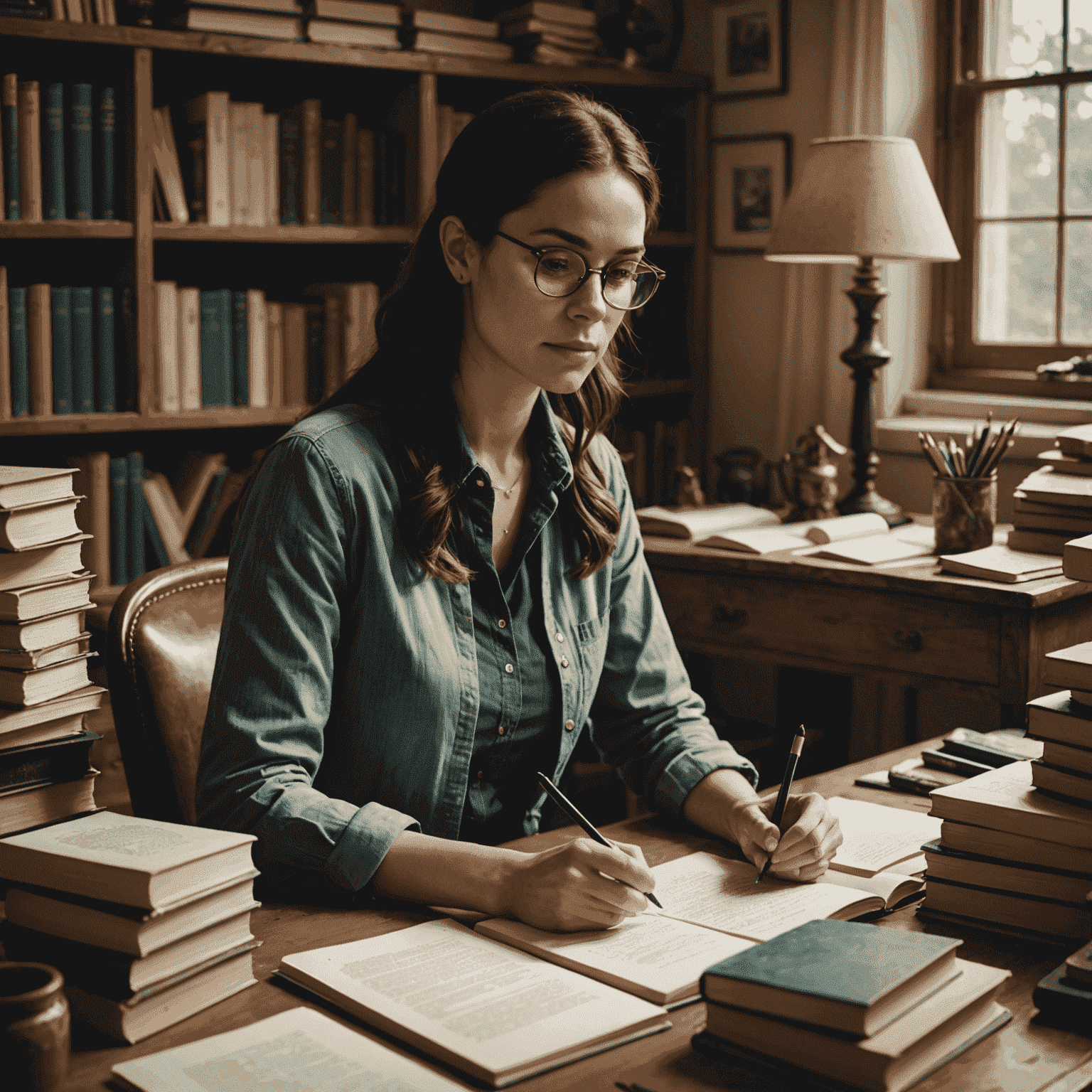 Simone Tebet sentada em sua mesa de trabalho, rodeada por livros e papéis, escrevendo em um caderno. A imagem transmite concentração e dedicação.