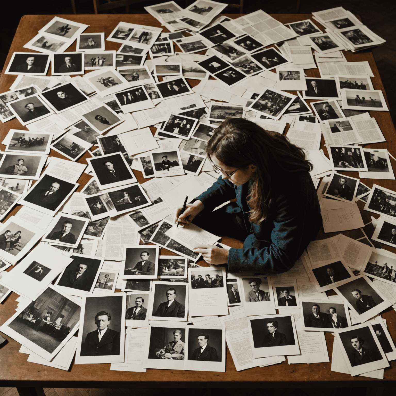 Simone Tebet examinando fotos antigas e documentos espalhados sobre uma grande mesa. A imagem sugere um processo meticuloso de pesquisa e recordação.