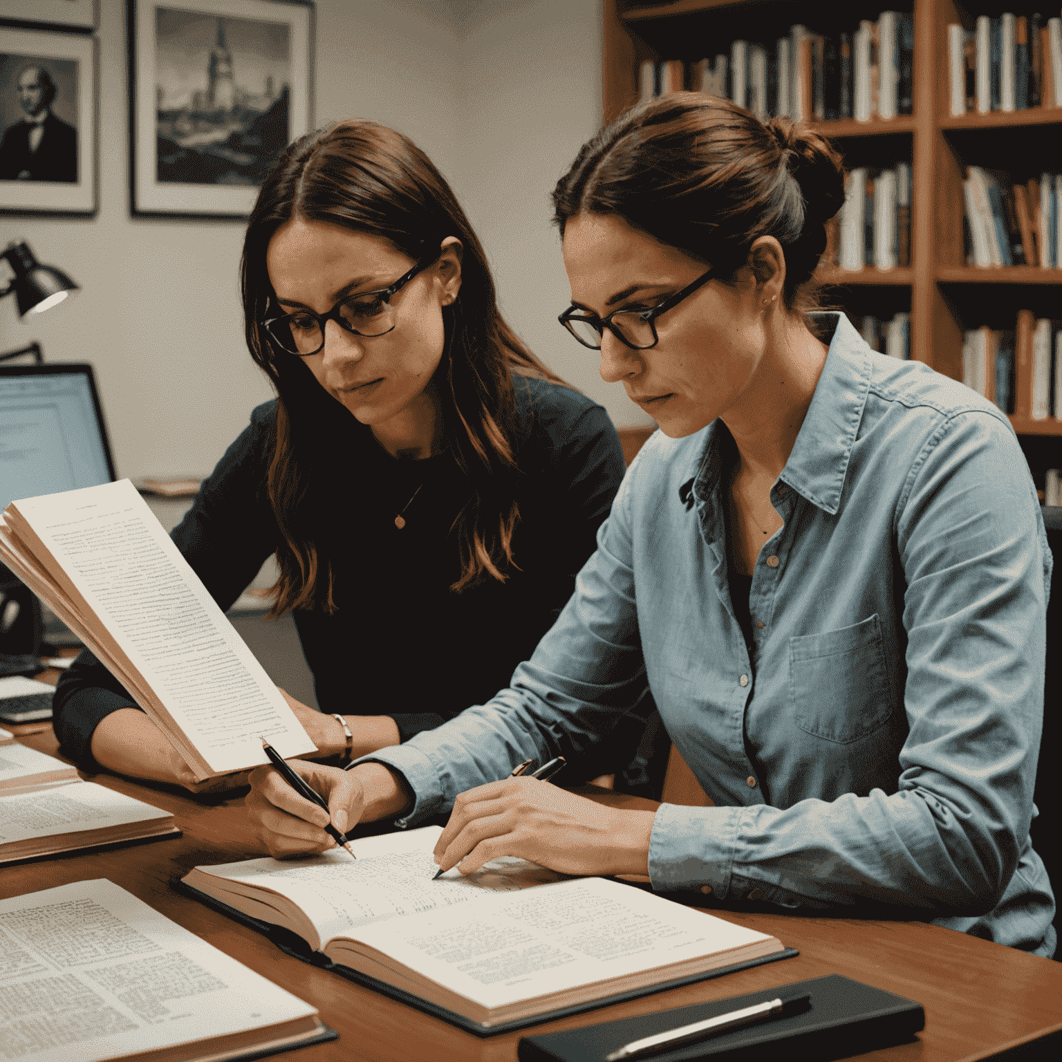 Simone Tebet em uma sessão de revisão com seu editor, ambos concentrados em um manuscrito. A cena ilustra o processo colaborativo de refinamento do livro.